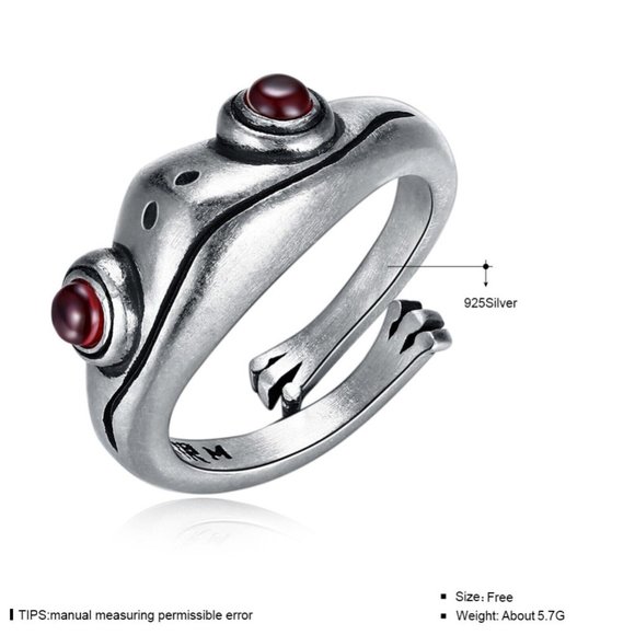 NWOT Adorable Frog Open cuff ring w Garnet eyes & frog legs 925 Sterling Silver - Picture 4 of 6